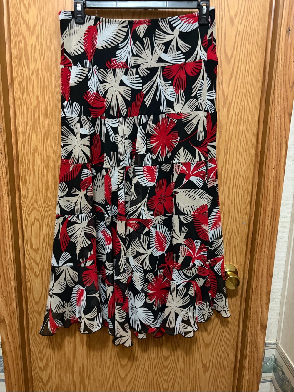 Ruby Rd. Black Floral A-Line Maxi Skirt with Red & Cream Accents